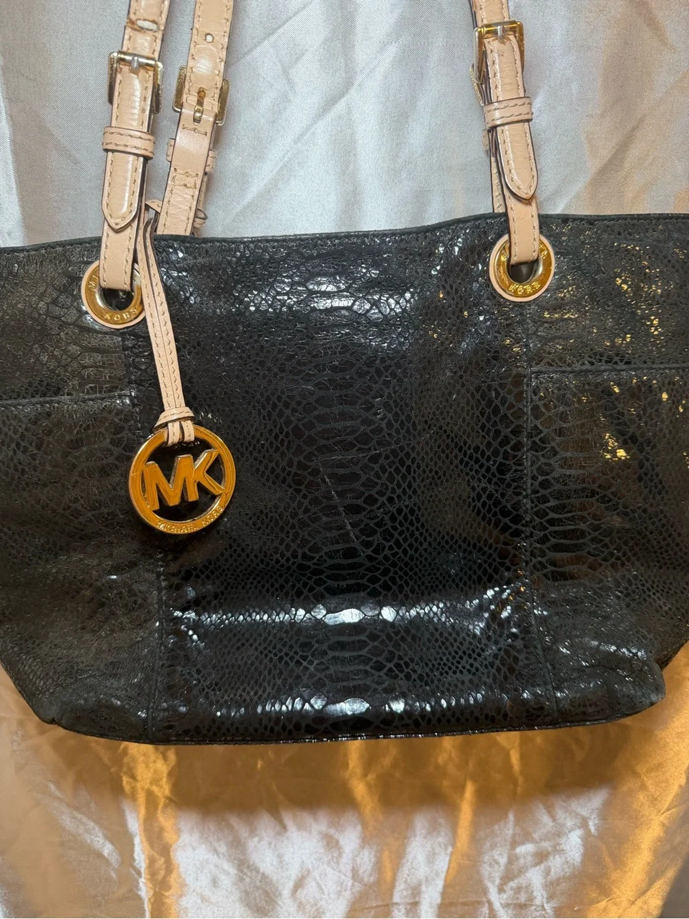 Y2K Michael Kors Black Patent Tote with Beige Straps